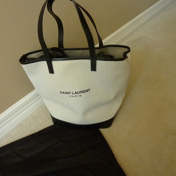 SAINT LAURENT 'Teddy' Medium Canvas/Leather Drawstring Shopping Tote Bag (NEW) - Picture 3 of 15